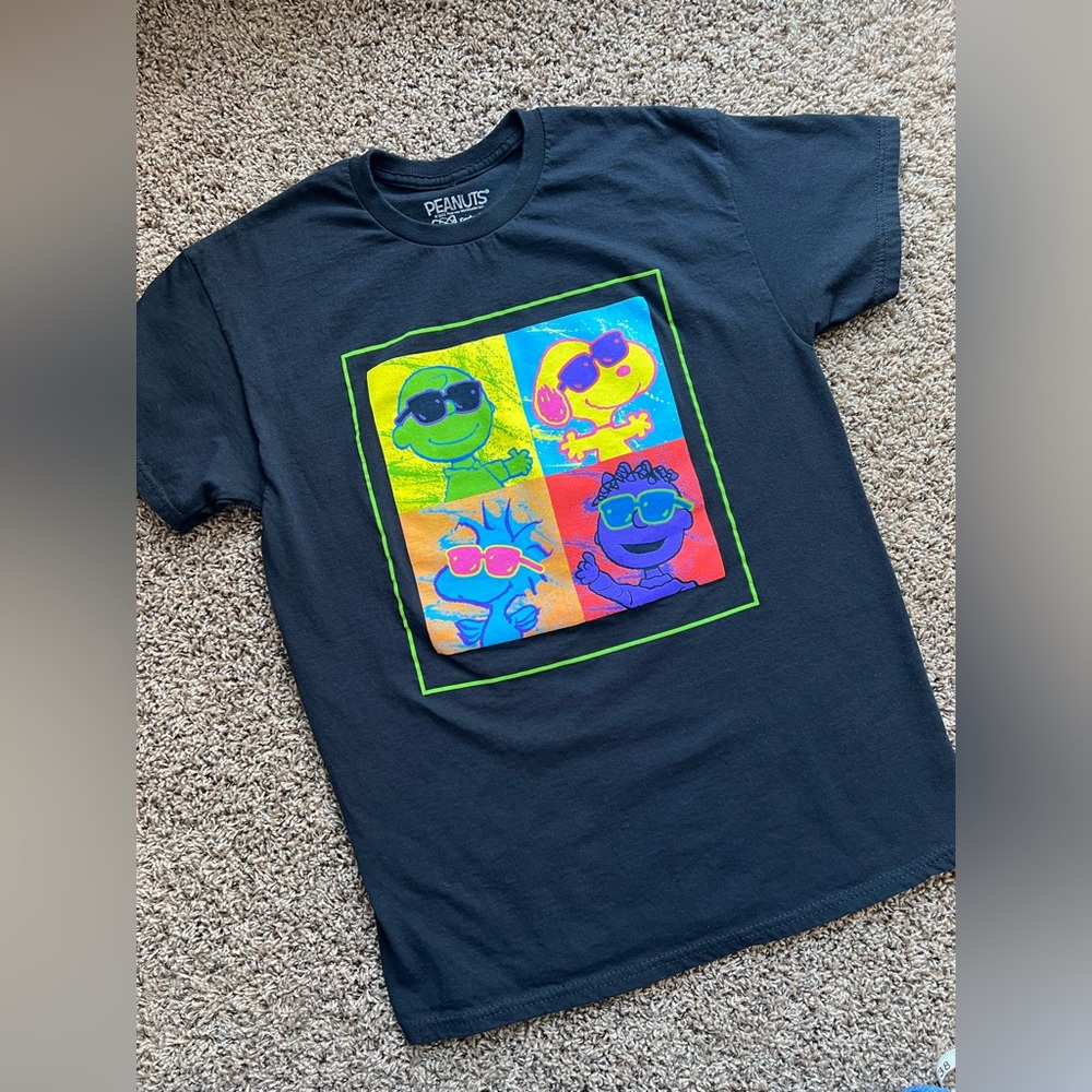Peanuts Black Tee with Colorful Character Squares